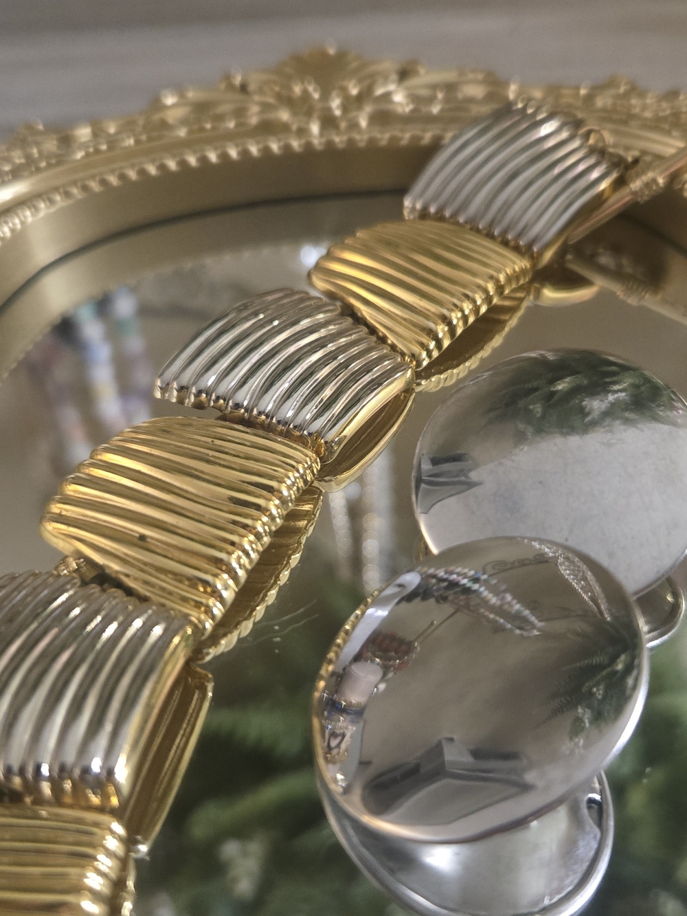 80's Vintage Two-Tone Gold & Silver Statement Bracelet W/Silver Button Clip-ons